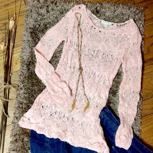 Vintage Boho Soft Peach Long Loose Knit Crochet Sweater - Picture 4 of 6